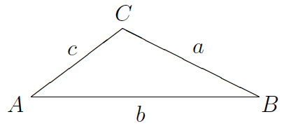 Oblique triangle with vertices labelled A,B,C and opposite sides labelled a,b,c
